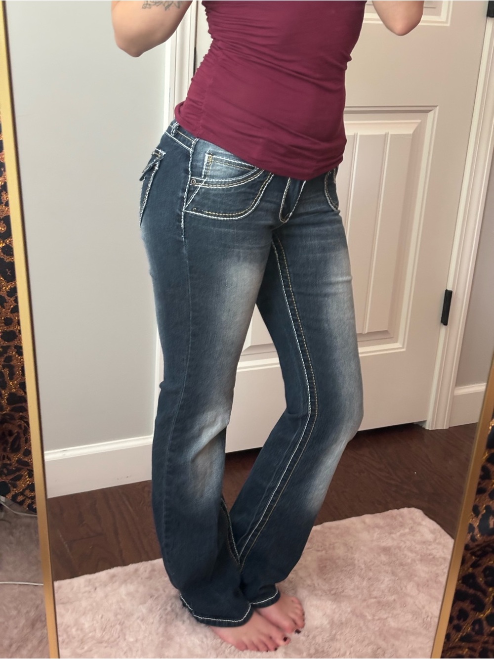 BONGO Women's Flare Jeans in Dark Indigo with Contrast Stitching